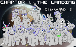 Size: 2048x1280 | Tagged: character needed, species needed, safe, artist:kassc, oc, oc:epoch the deer, oc:luvashi, avali, cervid, deer, equine, fictional species, mammal, pegasus, pony, unicorn, anthro, feral, semi-anthro, friendship is magic, hasbro, my little pony, rimworld, 2018, 8:5, antlers, bandanna, blue eyes, bow tie, breasts, chest fluff, clothes, feathered wings, feathers, female, floppy ears, fluff, forked tongue, four ears, glasses, goggles, green eyes, group, horn, large group, male, no pupils, planet, ponytail, sharp teeth, tail, teeth, wallpaper, wings, yellow eyes