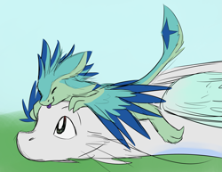 Size: 2879x2222 | Tagged: safe, artist:gyrotech, artist:xeirla, oc, oc:luvashi, avali, dragon, fictional species, semi-anthro, 2018, blue feathers, color edit, colored tongue, duo, feathers, female, four ears, green eyes, green feathers, high res, male, purple tongue, rainbow eyes, tail, tongue, whiskers, white fur, wings