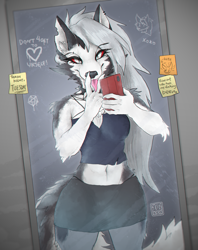 Size: 2016x2550 | Tagged: safe, artist:1oi, loona (vivzmind), canine, fictional species, hellhound, mammal, anthro, hazbin hotel, helluva boss, 2019, belly button, bottomwear, breasts, camera, cell phone, cheek fluff, chest fluff, claws, cleavage, clothes, collar, crop top, drawing, ear fluff, ear piercing, earring, elbow fluff, english text, eye through hair, eyebrow through hair, eyebrows, female, fluff, fluffy, fluffy tail, front view, fur, gray fur, gray hair, hair, heart, high res, indoors, long hair, long tail, mirror, navel, neck fluff, panties, pentagram, phone, photo, piercing, red sclera, reflection, selfie, shoulder fluff, skirt, slit pupils, smartphone, solo, solo female, spike, spiked collar, spread fingers, sticky note, tail, tail fluff, thong, tongue, tongue out, topwear, underwear, white fur