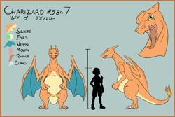 Size: 2000x1333 | Tagged: safe, artist:doesnotexist, oc, oc only, oc:charizard seven, charizard, fictional species, reptile, feral, nintendo, pokémon, 2019, english text, fangs, front view, green eyes, male, nostrils, open mouth, reference sheet, scar, sharp teeth, side view, silhouette, size comparison, solo, solo male, spread wings, starter pokémon, tail, teeth, text, tongue, tongue out, webbed wings, wings