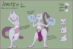 Size: 2000x1333 | Tagged: safe, artist:doesnotexist, oc, oc only, oc:iorite, fictional species, legendary pokémon, mammal, mewtwo, anthro, nintendo, pokémon, 2020, clothes, loincloth, looking at you, male, reference sheet, solo, solo male, tail, text