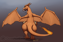 Size: 2000x1333 | Tagged: suggestive, artist:doesnotexist, oc, oc only, oc:charizard seven, charizard, fictional species, human, mammal, feral, nintendo, pokémon, butt, duo, fire, flaming tail, gradient background, green eyes, impossible fit, looking at you, looking back, male, oral vore, rear view, same-size vore, scar, smiling, spread wings, starter pokémon, tail, throat bulge, vore, webbed wings, wide hips, wings