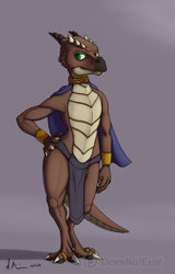 Size: 1280x2000 | Tagged: safe, artist:doesnotexist, oc, oc only, oc:bryce daeless, oc:bryce daeless (kobold), fictional species, kobold, reptile, anthro, digitigrade anthro, 2019, bracelet, cape, clothes, collar, green eyes, hand on hip, horns, jewelry, loincloth, male, solo, solo male, species swap, tail