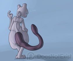 Size: 2000x1667 | Tagged: safe, artist:doesnotexist, oc, oc only, oc:iorite, fictional species, legendary pokémon, mammal, mewtwo, anthro, digitigrade anthro, nintendo, pokémon, 2018, beckoning, looking at you, looking back, looking back at you, male, raised hand, rear view, solo, solo male, tail, talking, watermark, wide hips