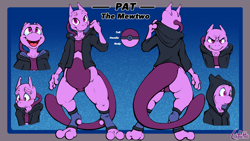 Size: 1280x720 | Tagged: safe, alternate version, artist:lapatte, oc, oc only, oc:pat (lapatte), fictional species, legendary pokémon, mammal, mewtwo, anthro, digitigrade anthro, nintendo, pokémon, 16:9, 2017, abstract background, blushing, bottomless, clothes, featureless crotch, front view, hoodie, leg warmers, legwear, long tail, looking at you, looking up, magenta eyes, male, nudity, partial nudity, picture-in-picture, rear view, reference sheet, signature, solo, solo male, standing, tail, toeless legwear, topwear