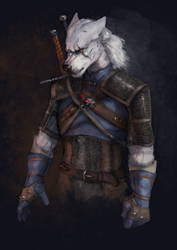 Size: 2059x2912 | Tagged: safe, artist:gureeookami, geralt of rivia (the witcher), canine, mammal, wolf, anthro, cd projekt red, the witcher, 2018, abstract background, anthrofied, armor, belt, clothes, fur, gloves, hair, high res, male, pendant, scar, signature, solo, solo male, sword, white body, white fur, witcher, yellow eyes