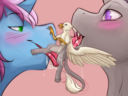Size: 1234x926 | Tagged: suggestive, artist:azureenvelope, artist:gyrotech, edit, oc, oc:der, oc:gyro tech, oc:verlo streams, oc:verlo streams (unicorn), bird, equine, feline, fictional species, gryphon, mammal, pony, unicorn, feral, friendship is magic, hasbro, my little pony, beak, bird feet, blue fur, blushing, color edit, cutie mark, ears, fangs, feathered wings, feathers, fur, gray body, gray fur, green eyes, group, hooves, horn, kissing, licking, male, micro, open mouth, pink hair, purple hair, saliva, sharp teeth, side view, size difference, spread wings, tail, teeth, tongue, tongue out, trio, wings