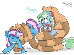 Size: 1200x900 | Tagged: suggestive, artist:shrabby, oc, oc:gyro tech, oc:sweetwater, equine, fictional species, mammal, pony, reptile, snake, unicorn, feral, comic:snake's pony snack, friendship is magic, hasbro, my little pony, blue fur, carnivore, coiling, cutie mark, ear fluff, ears, fluff, food chain, fur, goggles, green eyes, gritted teeth, group, hooves, horn, male, oral vore, pink hair, predator, prey, purple hair, saliva, snake tail, speech bubble, tail, trio, vore
