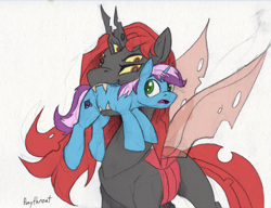 Size: 1739x1337 | Tagged: safe, artist:gyrotech, artist:ponythroat, edit, oc, oc only, oc:gyro tech, arthropod, changeling, equine, fictional species, mammal, pony, unicorn, feral, friendship is magic, hasbro, my little pony, blue fur, color edit, cutie mark, duo, ears, fur, green eyes, hooves, horn, male, pink hair, purple hair, sharp teeth, size difference, tail, teeth