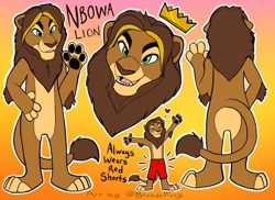 Size: 1280x930 | Tagged: safe, artist:blondefoxy, oc, oc only, oc:nbowa, big cat, feline, lion, mammal, anthro, plantigrade anthro, 2019, bottomwear, clothes, crown, english text, eyes closed, featureless crotch, green eyes, hair, heart, leonine tail, male, mane, paw pads, paws, raised hand, reference sheet, shorts, solo, solo male, spread arms, tail, white outline