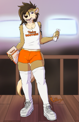 Size: 1200x1855 | Tagged: suggestive, artist:punkpega, oc, oc only, oc:ozzy, mammal, mustelid, otter, anthro, hooters, 2020, bottomwear, brown fur, bulge, clothes, femboy, femboy hooters, fur, hooters outfit, legwear, male, midriff peek, shoes, short shorts, shorts, sneakers, solo, solo male, stockings, tank top, topwear, waiter, whiskers