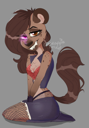Size: 1435x2048 | Tagged: safe, artist:pineappleartz, oc, oc only, oc:helena hyena, hyena, mammal, anthro, boots, bottomwear, clothes, female, fishnet, fishnet stockings, high heel boots, high heels, legwear, see-through, shoes, shorts, simple background, solo, solo female, stockings, tail, zoo 52