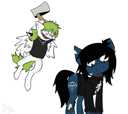 Size: 1440x1285 | Tagged: safe, artist:meaxtonly, earth pony, equine, fictional species, mammal, pegasus, pony, undead, zombie, zombie pony, feral, awsten knight, bring me the horizon, friendship is magic, hasbro, my little pony, oliver sykes, waterparks, 2020, 2d, axe, black hair, black mane, black tail, blue fur, bone, both cutie marks, brown eyes, clothes, colored pupils, colored sclera, commission, crossover, cutie mark, digital art, duo, duo male, dyed mane, dyed tail, fangs, feathered wings, feathers, feralized, flying, fur, furrified, glasgow smile, green hair, green mane, green tail, hair, heterochromia, holding, hoof hold, hooves, horseshoe, imminent murder, jewelry, lip piercing, long sleeves, male, males only, mane, necklace, open mouth, piercing, ponified, scar, shirt, simple background, stallion, stitches, t-shirt, tail, tattoo, teeth, this will end in death, topwear, torn ear, transparent background, weapon, white fur, wings, ych result
