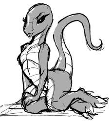 Size: 895x972 | Tagged: safe, artist:dimfann, oc, oc only, lizard, reptile, snake, anthro, ambiguous gender, black and white, claws, eyelashes, fangs, grayscale, monochrome, scales, sitting, snake tail, solo, solo ambiguous, tail, teeth