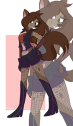 Size: 1200x2048 | Tagged: safe, artist:emositecc, oc, oc only, oc:helena hyena, hyena, mammal, anthro, abstract background, boots, bottomwear, brown body, brown eyes, brown fur, brown hair, clothes, crop top, digital art, ears, female, fishnet, fishnet stockings, fur, gloves, hair, heterochromia, high heel boots, high heels, jacket, legwear, paws, pink eyes, see-through, shoes, shorts, simple background, solo, solo female, spots, spotted fur, standing, stockings, tail, tank top, teeth, topwear, zoo 52