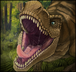 Size: 1275x1200 | Tagged: suggestive, alternate version, artist:acidic, oc, oc only, oc:rothar, dinosaur, reptile, theropod, tyrannosaurus rex, feral, ambiguous gender, bust, forest, mawshot, open mouth, saliva, saliva trail, size difference, solo, solo ambiguous, teeth, throat, tongue