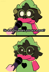 Size: 900x1321 | Tagged: safe, artist:aamakuruu, ralsei (deltarune), bovid, darkner, fictional species, goat, mammal, anthro, deltarune, 2020, clothes, comic, english text, glasses, interview, male, meme, microphone, round glasses, scarf, simple background, text, white eyes, yellow background