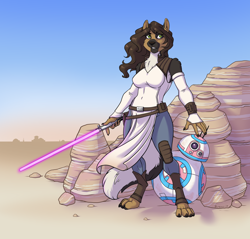 Size: 2000x1913 | Tagged: safe, anonymous artist, oc, oc only, oc:katie, canine, dog, fictional species, german shepherd, mammal, robot, anthro, star wars, bb-series astromech droid, breasts, duo, energy weapon, female, green eyes, lightsaber, mtf transgender, paws, transgender, weapon