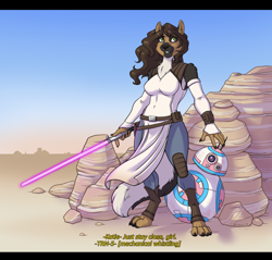 Size: 3300x3156 | Tagged: safe, anonymous artist, oc, oc only, oc:katie, canine, dog, fictional species, german shepherd, mammal, robot, anthro, star wars, bb-series astromech droid, breasts, duo, energy weapon, english text, female, green eyes, high res, lightsaber, mtf transgender, onomatopoeia, paws, text, transgender, weapon