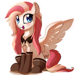 Size: 900x900 | Tagged: safe, artist:aureai, oc, oc only, oc:aureai, equine, fictional species, mammal, pegasus, pony, feral, friendship is magic, hasbro, my little pony, blushing, chest fluff, clothes, ear fluff, feathered wings, feathers, female, fluff, hair, happy, hooves, kemono, long hair, mane, mare, open mouth, scarf, simple background, sitting, smiling, socks, solo, solo female, spread wings, tail, white background, wings