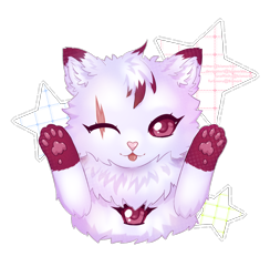 Size: 1508x1548 | Tagged: safe, artist:bismark, furbooru exclusive, oc, oc only, cat, feline, mammal, feral, cute, eyes, female, fur, hair, kemono, kitten, one eye closed, paw pads, paws, purple eyes, purple fur, purple hair, scar, simple background, smiling, solo, solo female, stars, tongue, tongue out, transparent background, white fur, winking, young
