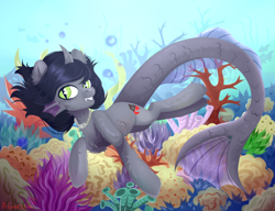 Size: 3900x3000 | Tagged: safe, artist:agnes_ra1, equine, fictional species, fish, half-siren, hybrid, mammal, pony, feral, friendship is magic, hasbro, kellin quinn, my little pony, sleeping with sirens, 2020, black hair, black mane, bubble, chest fluff, commission, coral, curved horn, cutie mark, digital art, ear fluff, fangs, feralized, fins, fish tail, fluff, fur, furrified, gray fur, green eyes, grin, hair, high res, hooves, horn, jewelry, leg fluff, looking at you, male, mane, necklace, ocean, ponified, scales, signature, slit pupils, smiling, solo, solo male, swimming, tail, teeth, underwater, water, ych result