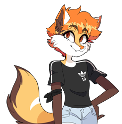 Size: 1879x1916 | Tagged: dead source, safe, artist:marreeps, oc, oc only, canine, fox, mammal, anthro, adidas logo, brown eyes, cheek fluff, clothes, colored pupils, ear fluff, eyebrow through hair, eyebrows, fangs, female, fluff, front view, funny post number, hair, index get, orange hair, shirt, simple background, solo, solo female, t-shirt, tail, teeth, three-quarter view, topwear, transparent background