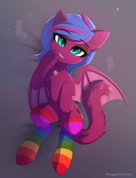 Size: 1920x2517 | Tagged: safe, artist:magnaluna, oc, oc only, oc:spanking shade, equine, feline, fictional species, mammal, pony, sphinx, feral, friendship is magic, hasbro, my little pony, 2019, bat wings, bedroom eyes, blue eyes, blue hair, cheek fluff, chest fluff, claws, clothes, ear fluff, eyebrow through hair, eyebrows, eyelashes, featureless crotch, female, fluff, fur, hair, jewelry, kemono, legwear, looking at you, lying down, necklace, on back, paws, pendant, purple fur, rainbow socks, signature, slit pupils, smiling, socks, solo, solo female, spread wings, tail, tail fluff, teal eyes, teeth, thigh highs, top view, webbed wings, wings