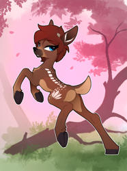 Size: 1500x2020 | Tagged: safe, artist:yakovlev-vad, oc, oc only, cervid, deer, mammal, feral, bedroom eyes, blue eyes, brown fur, butt, chest fluff, cloven hooves, eye through hair, female, fluff, fur, hair, hooves, horns, jumping, looking at you, outdoors, solo, solo female, spotted body, tail, tree, underhoof