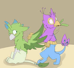 Size: 1626x1493 | Tagged: safe, artist:gyrotech, artist:input-command, edit, oc, oc:appleslice (input-command), oc:gyro feather, oc:gyro feather (gryphon), bird, feline, fictional species, galliform, gryphon, mammal, peacock gryphon, peafowl, feral, beak, bird feet, blue feathers, blue fur, blushing, claws, color edit, duo, feathered wings, feathers, female, fur, green eyes, looking at each other, male, male/female, paws, pink feathers, preening, tail, tail tuft, talons, wings