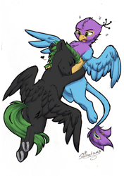 Size: 1660x2352 | Tagged: safe, artist:gyrotech, artist:silentwulv, edit, oc, oc:gyro feather, oc:gyro feather (gryphon), oc:lightning hunt, bird, equine, feline, fictional species, galliform, gryphon, mammal, peacock gryphon, peafowl, pegasus, pony, feral, beak, bird feet, blue feathers, blue fur, claws, color edit, duo, feathered wings, feathers, fur, green eyes, heart, hooves, love heart, male, nonconsensual hugging, paws, pink feathers, spread wings, tail, tail tuft, talons, underhoof, wings