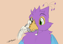 Size: 4680x3300 | Tagged: safe, artist:gyrotech, artist:xeirla, edit, oc, oc:der, oc:gyro feather, oc:gyro feather (gryphon), bird, feline, fictional species, galliform, gryphon, mammal, peacock gryphon, peafowl, feral, beak, bird feet, blue feathers, blue fur, claws, color edit, duo, feathered wings, feathers, fur, green eyes, male, micro, nibbling, paws, pink feathers, size difference, tail, tail tuft, talons, wings
