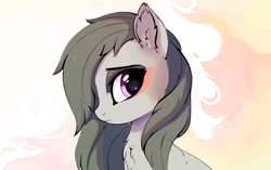 Size: 1535x964 | Tagged: safe, artist:aureai, marble pie (mlp), earth pony, equine, fictional species, mammal, pony, feral, friendship is magic, hasbro, my little pony, abstract background, bust, cheek fluff, chest fluff, ear fluff, female, fluff, hair, looking back, mane, mare, messy mane, portrait, profile, side view, simple background, solo, solo female, worried