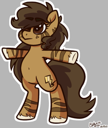 Size: 971x1148 | Tagged: safe, artist:binkyt11, oc, oc only, oc:binky, earth pony, equine, fictional species, hybrid, mammal, pony, zebra, zebroid, zony, feral, friendship is magic, hasbro, my little pony, 2020, atg 2020, belly button, bipedal, female, gray background, mare, newbie artist training grounds, signature, simple background, solo, solo female, stripes, t pose, tail