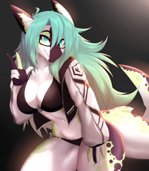 Size: 2600x3000 | Tagged: suggestive, artist:xaenyth, oc, oc only, fish, shark, anthro, absolute cleavage, belly button, bikini, breasts, clothes, female, fins, fish tail, gesture, glasses, high res, kemono, midriff, shark tail, smiling, solo, solo female, tail, underwear, v sign