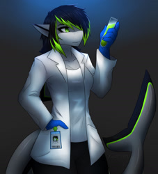 Size: 2000x2200 | Tagged: safe, artist:xaenyth, oc, oc only, oc:sarah hunter, fish, shark, anthro, breasts, clothes, female, fins, fish tail, glass vial, high res, kemono, lab coat, shark tail, solo, solo female, tail, test tube