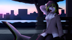 Size: 3840x2155 | Tagged: safe, artist:xaenyth, oc, oc only, oc:sarah hunter, fish, shark, anthro, breasts, city, clothes, female, fins, fish tail, high res, kemono, lab coat, shark tail, shirt, sitting, solo, solo female, tail, topwear, yawning