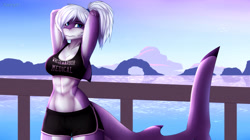 Size: 3840x2155 | Tagged: safe, artist:xaenyth, oc, oc only, oc:salvia carhina, fish, shark, thresher shark, anthro, abs, arms behind back, athletic, athletic anthro, athletic female, bottomwear, breasts, clothes, female, fins, fish tail, high res, muscles, shark tail, shorts, solo, solo female, sports bra, tail, topwear, track shorts