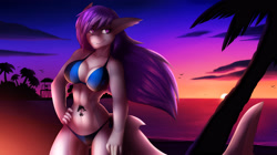 Size: 3840x2155 | Tagged: safe, artist:xaenyth, oc, oc only, oc:xaenyth (xaenyth), fish, shark, anthro, belly button, bikini, breasts, cleavage, clothes, female, fins, fish tail, hair, high res, kemono, midriff, purple hair, shark tail, smiling, solo, solo female, sunset, tail, tattoo, underwear