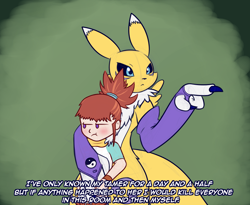 Size: 976x800 | Tagged: safe, artist:heir of rick, rika nonaka (digimon), fictional species, human, mammal, renamon, anthro, digimon, ambiguous gender, black sclera, blue eyes, blushing, chest fluff, claws, duo, female, fluff, hair, pointing, ponytail, size difference