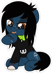 Size: 5000x6993 | Tagged: safe, artist:jhayarr23, part of a set, earth pony, equine, fictional species, mammal, pony, undead, zombie, zombie pony, feral, bring me the horizon, drop dead clothing, friendship is magic, hasbro, my little pony, oliver sykes, 2020, absurd resolution, behaving like a cat, blue fur, bone, bow, brown eyes, brown hair, brown mane, brown tail, clothes, collar, commission, cutie mark, digital art, fangs, fluff, fur, grooming, hair, happy, hoof licking, hooves, leg fluff, licking, lip piercing, long sleeves, male, mane, piercing, ponified, scar, shirt, simple background, sitting, solo, solo male, stallion, stitches, tail, tattoo, teeth, tongue, tongue out, topwear, transparent background, vector, ych result
