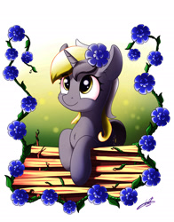 Size: 1800x2300 | Tagged: safe, artist:freeedon, oc, oc only, equine, fictional species, mammal, pony, unicorn, feral, friendship is magic, hasbro, my little pony, female, flower, flower in hair, fur, gray body, gray fur, hair, hair accessory, high res, horn, mare, smiling, solo, solo female, tail, yellow hair