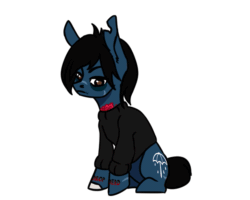 Size: 615x491 | Tagged: safe, artist:nodocmir, earth pony, equine, fictional species, mammal, pony, undead, zombie, zombie pony, feral, bring me the horizon, friendship is magic, hasbro, my little pony, oliver sykes, 2020, 2d, 2d animation, animated, black hair, black mane, black tail, blue fur, blushing, bone, brown eyes, clothes, colored blushing, commission, cutie mark, dialogue, digital art, fangs, floppy ears, frame by frame, fur, gif, hair, hooves, lip piercing, long sleeves, male, mane, offscreen character, piercing, ponified, scar, shirt, simple background, sitting, solo, solo male, stallion, stitches, swearing, tail, talking, tattoo, teeth, topwear, torn ear, vulgar, white background, ych result