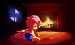 Size: 2000x1200 | Tagged: safe, artist:freeedon, fluttershy (mlp), equine, fictional species, mammal, pegasus, pony, feral, friendship is magic, hasbro, my little pony, 2017, blush sticker, clothes, female, fire, fireplace, folded wings, hair, lying down, mare, night, pink hair, pink mane, prone, sitting, smiling, solo, solo female, tail, wings