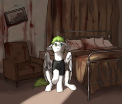 Size: 2066x1758 | Tagged: safe, artist:lumos_dragon, equine, fictional species, mammal, pegasus, pony, feral, awsten knight, friendship is magic, hasbro, my little pony, waterparks, 2020, beam of light, bed, blood, blood stains, caught, clothes, commission, couch, curtains, digital art, dyed mane, dyed tail, feathered wings, feathers, floppy ears, fur, green hair, green mane, green tail, hair, heterochromia, hooves, horseshoe, implied murder, jewelry, male, mane, necklace, offscreen character, picture, pillow, ponified, raised hoof, shirt, short tail, sitting, solo, solo male, stallion, t-shirt, tail, topwear, white fur, wings, ych result