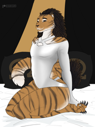 Size: 2048x2732 | Tagged: safe, artist:akella, oc, oc only, alien, cauthan, fictional species, anthro, the hel jumper, cheek fluff, claws, clothes, female, flat chest, fluff, fur, high res, leotard, looking at you, ring, signature, simple background, sitting, solo, solo female, striped fur, thick thighs, thighs