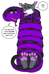 Size: 1863x2807 | Tagged: safe, artist:pitfallpup, oc, oc only, cat, feline, mammal, reptile, snake, anthro, digitigrade anthro, 2018, coils, dialogue, duo, forked tongue, male, mind control, open mouth, paw pads, paws, simple background, snake tail, submissive, submissive male, swirly eyes, tail, talking, tongue, tongue out, transparent background, underpaw