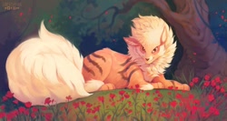 Size: 1280x680 | Tagged: safe, artist:larestsabara, oc, oc only, arcanine, canine, fictional species, mammal, feral, nintendo, pokémon, 2019, ambiguous gender, ear fluff, flower, fluff, forest, lying down, paws, scenery, solo, solo ambiguous, stripes, tail, tail fluff, tree