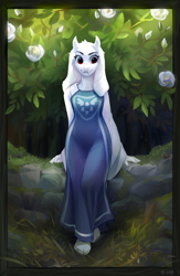 Size: 1044x1600 | Tagged: safe, artist:2d10art, toriel (undertale), bovid, goat, mammal, anthro, plantigrade anthro, undertale, 2019, clearing, clothes, digital art, dress, female, flower, forest, fur, horns, kemono, leaning back, looking at you, red eyes, signature, solo, solo female, technical advanced, white body, white fur, young, younger