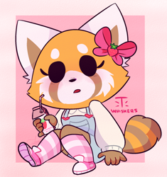 Size: 1474x1569 | Tagged: safe, artist:t-whiskers, retsuko (aggretsuko), mammal, red panda, anthro, aggretsuko, sanrio, 2020, berry, blushing, bow, clothes, dairy products, drink, female, food, fruit, legwear, milk, overalls, socks, solo, solo female, strawberry, strawberry milk, striped clothes, striped legwear